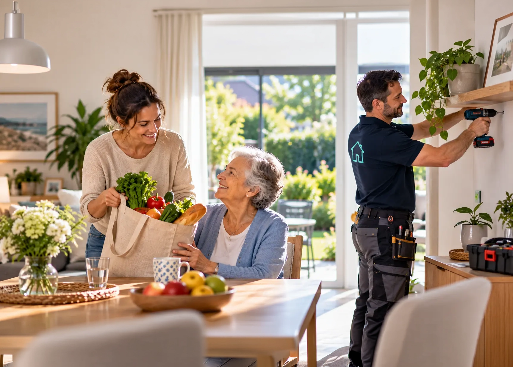 Junge Frau bringt einer älteren Dame frische Einkäufe, während im Hintergrund ein Handwerker ein Regal anbringt
